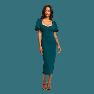 BWLDR Abana Puff Sleeve Emerald Green Midi Dress